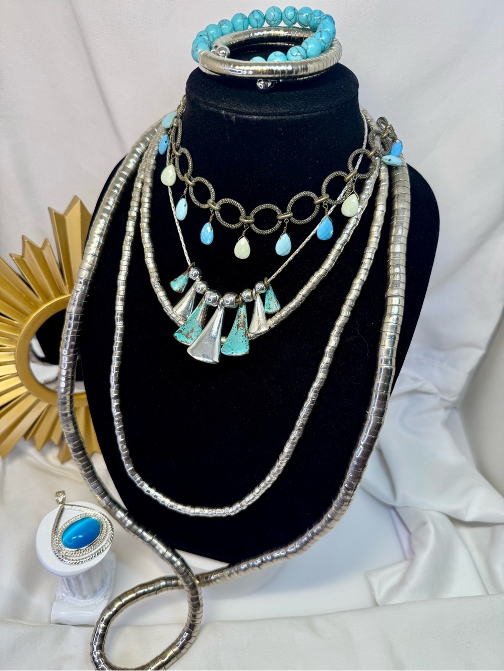 Turquoise & Silver Multi-Layer Necklace Set - Women Jewelry